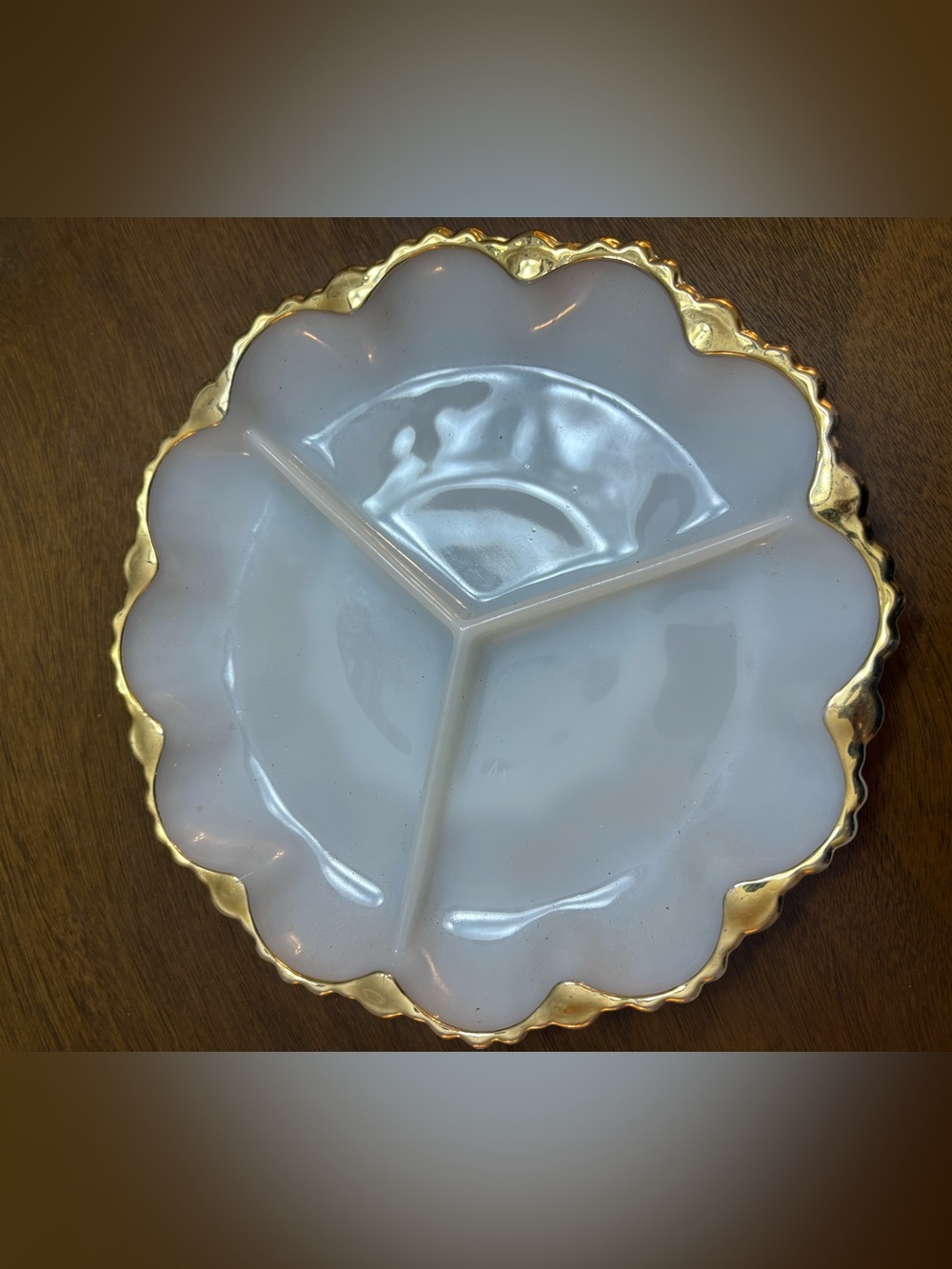 Vintage Fire King Milk Glass Divided 3 Way Platter Scallop Edges Gold Trim Plate